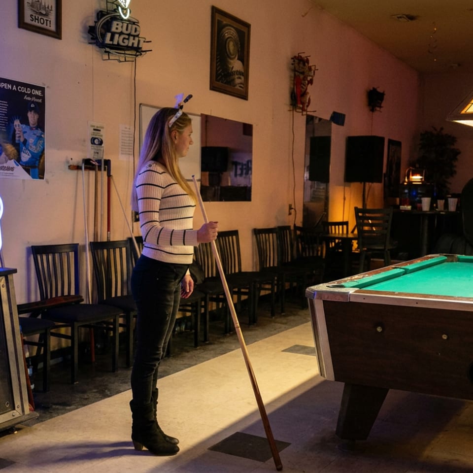 Woman holding a pool cue beside a billiards table in a warmly lit bar with arcade games and sports décor.